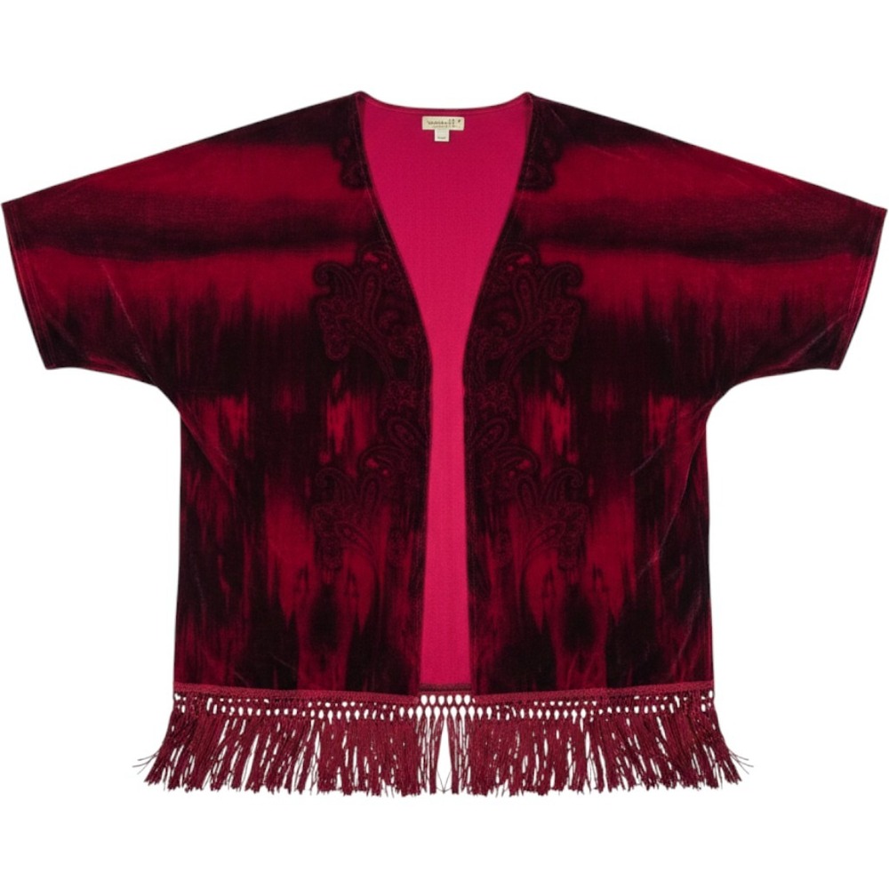 One World Velvet Burnout Kimono Cardigan Womens M Red Fringe Bohemian Paisley